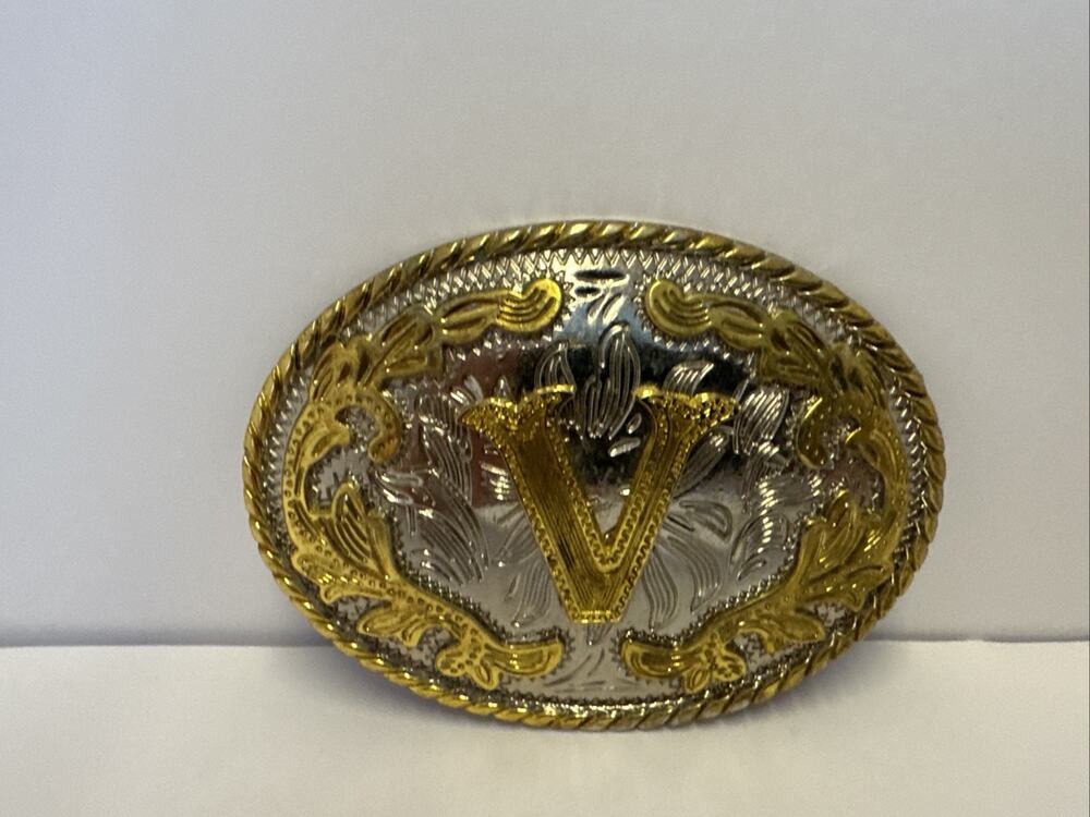 Western Initial Belt Buckle Letter V Antique Silver Gold Cowboy Cowgirl Vintage